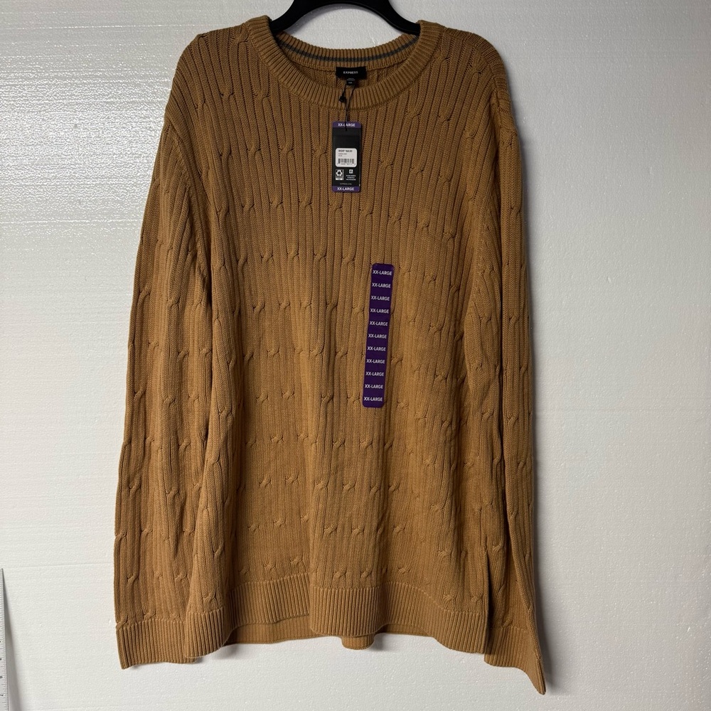 Express Sweater Men Size XXL Tan Cable Knit Crewneck Ridded Trim Pullover Preppy